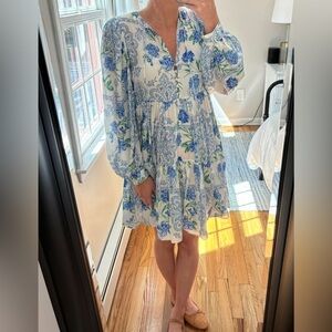 Hunter Bell Tiered Mini Dress in Blue & Green Floral - Size XS